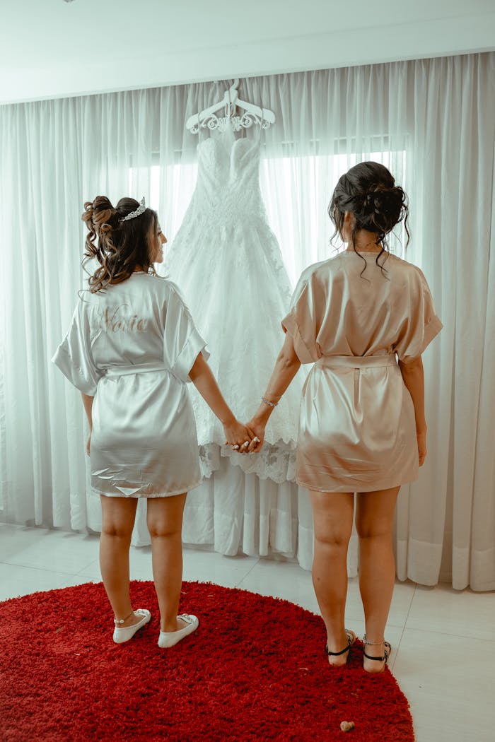 Two bridesmaids holding hands, admiring a wedding dress hanging by a window.