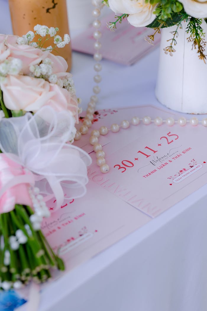 Close-up of a wedding invitation adorned with flowers and pearls on a table.